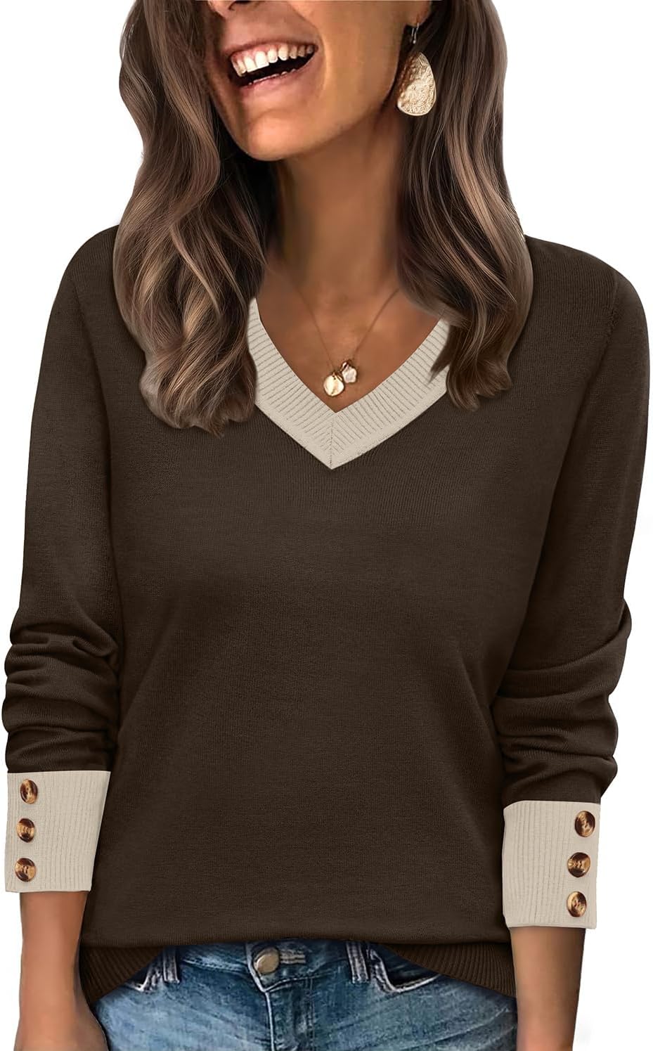 WIHOLL Lightweight Sweaters for Women Long Sleeve V Neck Knit Outfits with Decorative Buttons