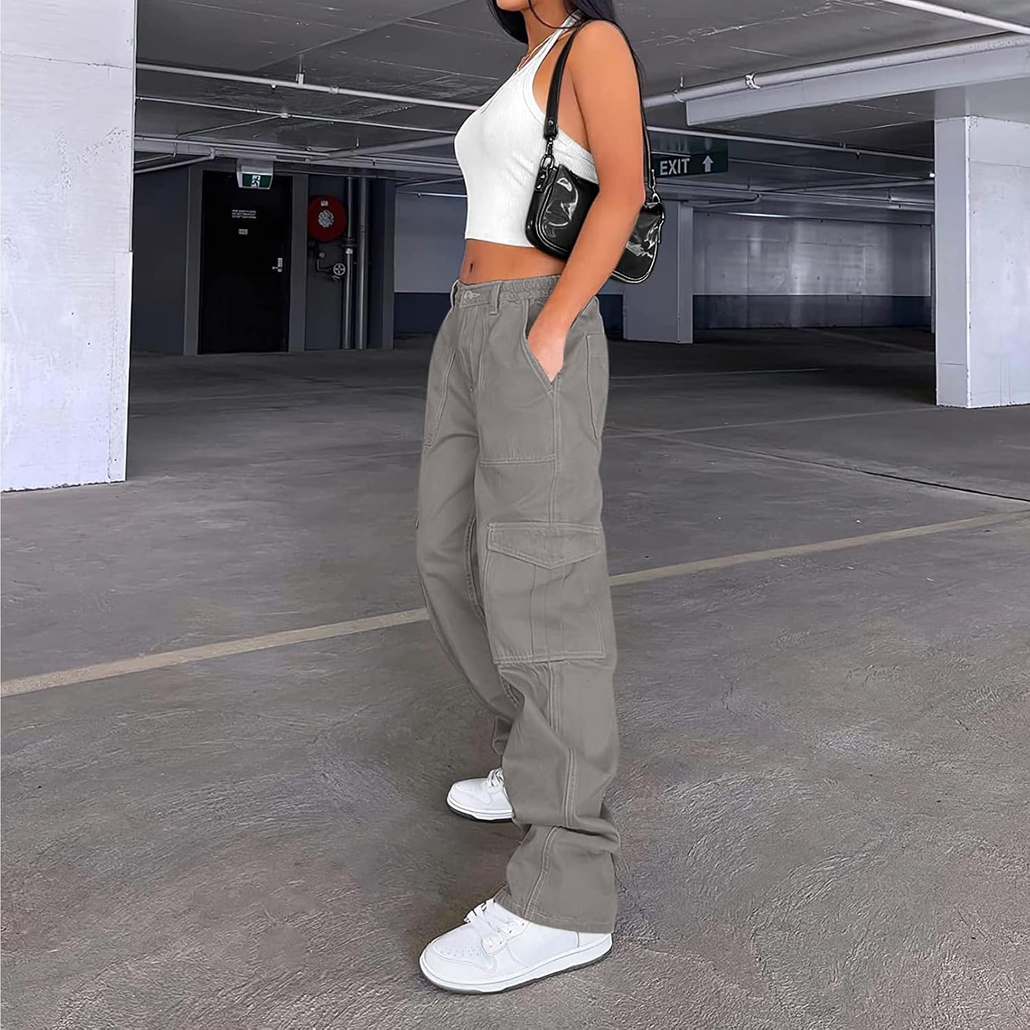 Lepunuo Cargo Pants for Women High Waisted Casual Pants Baggy Stretchy Wide Leg Y2K Streetwear with 6 Pockets