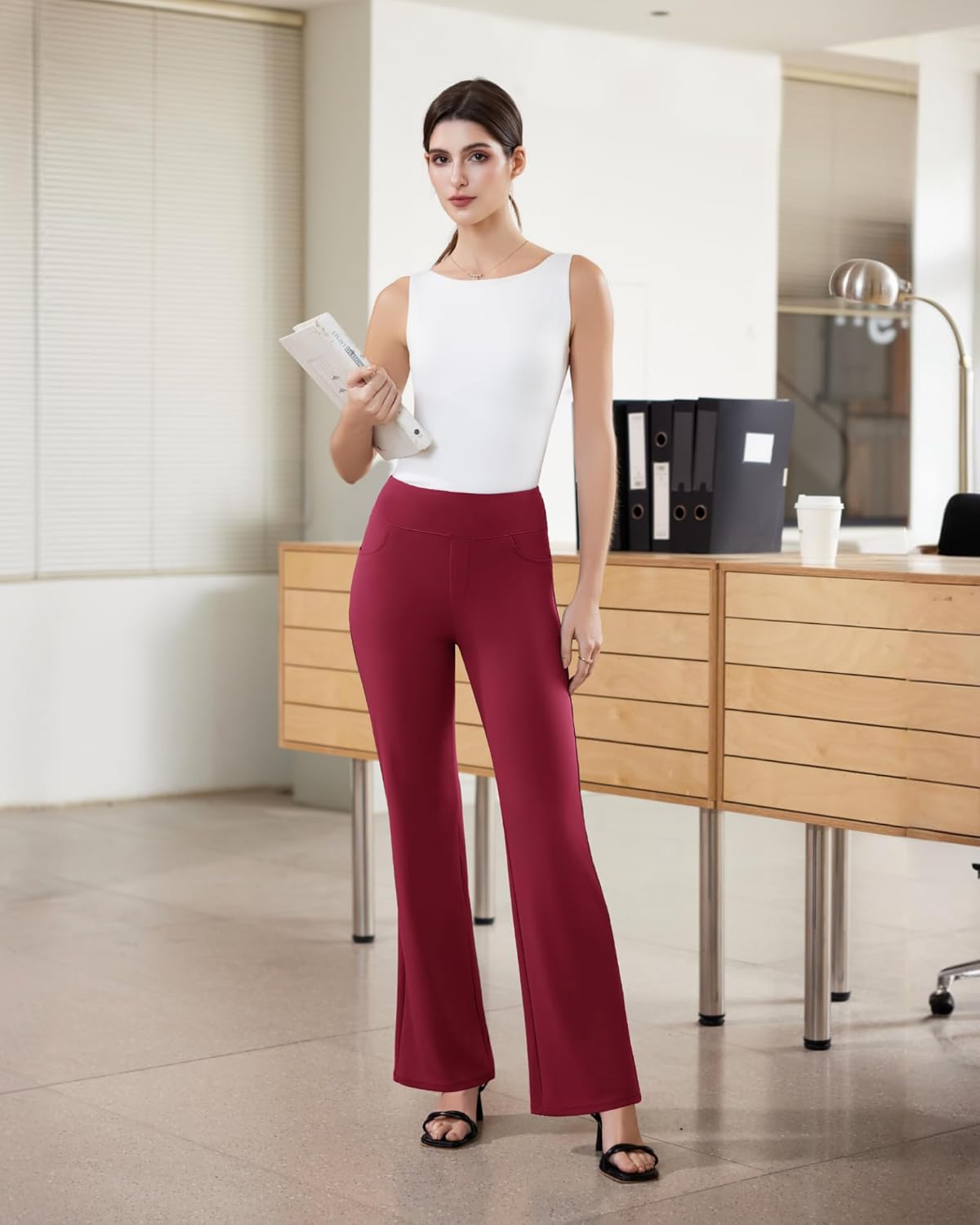 Womens Dress Pants Stretchy Work Pants Business Casual Office Trousers Pull On Flare Slacks with 4 Pockets