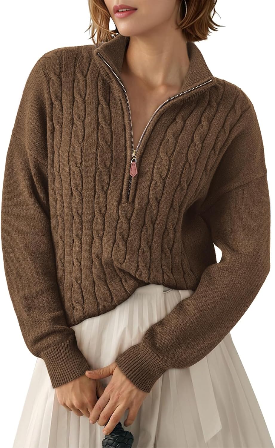 Dokotoo Women's Sweaters 2025 Fall Winter Quarter Zip Casual Ribbed Cable Knit Pullover