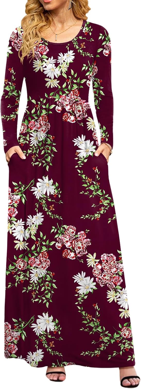 DB MOON Women Casual Long Sleeve Maxi Dresses Empire Waist Long Dress with Pockets