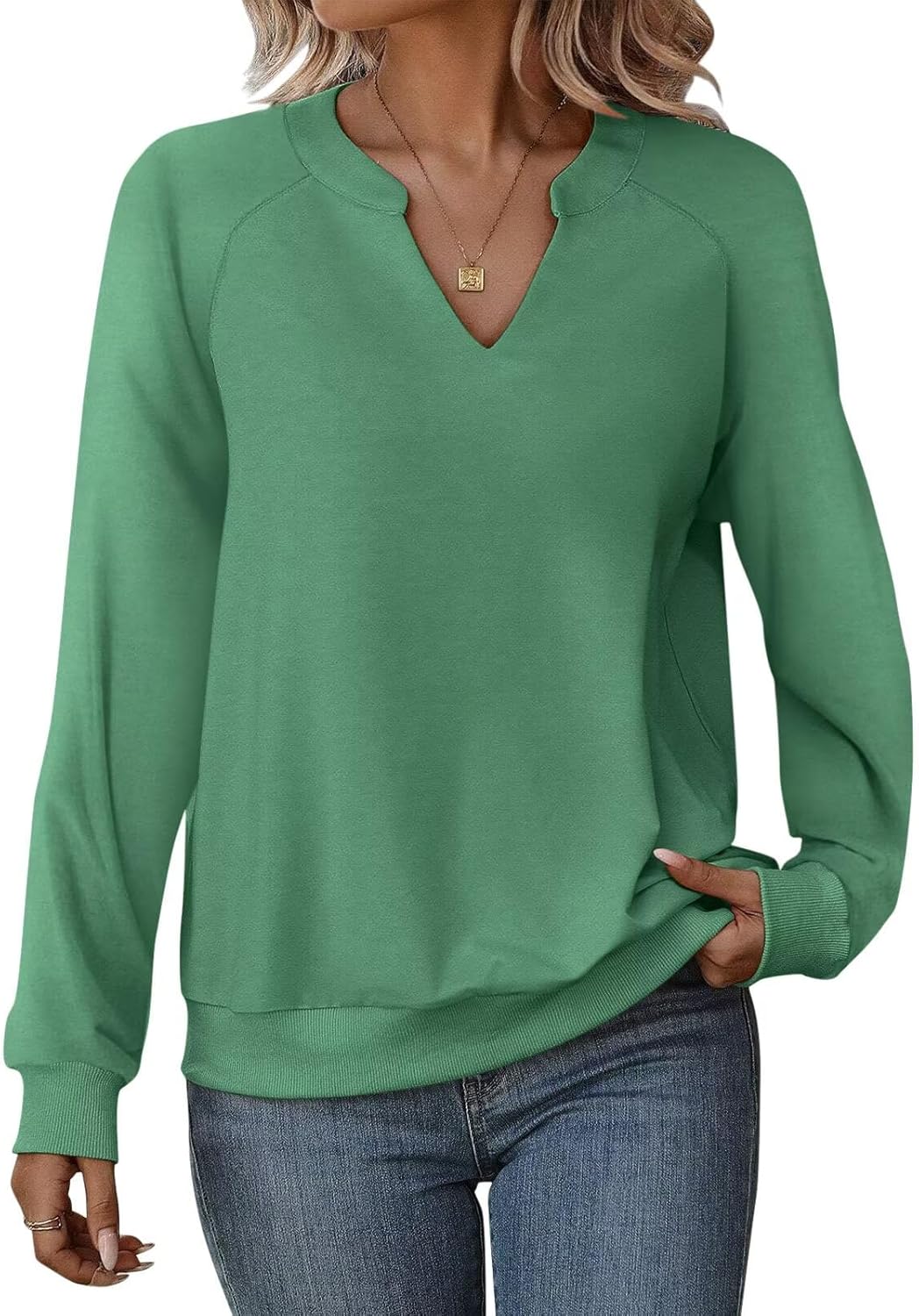 EADINVE Women Casual Long Sleeve V Neck Sweatshirts Cute Loose Fit Lightweight Pullover Tops