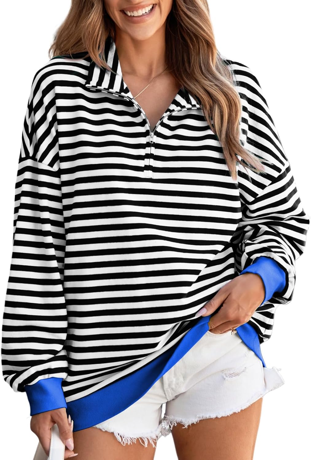 EVALESS Oversized Sweatshirt for Women 2024 Fall Outfits Fashion Long Sleeve Shirts Striped Quarter Zip Pullover Tops