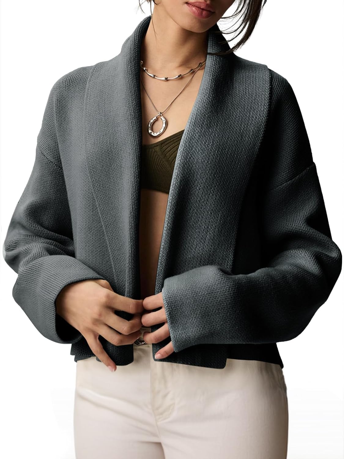 Saodimallsu Womens Cropped Cardigan Open Front Shawl 2025 Fall Trendy Long Sleeve Sweater Jacket