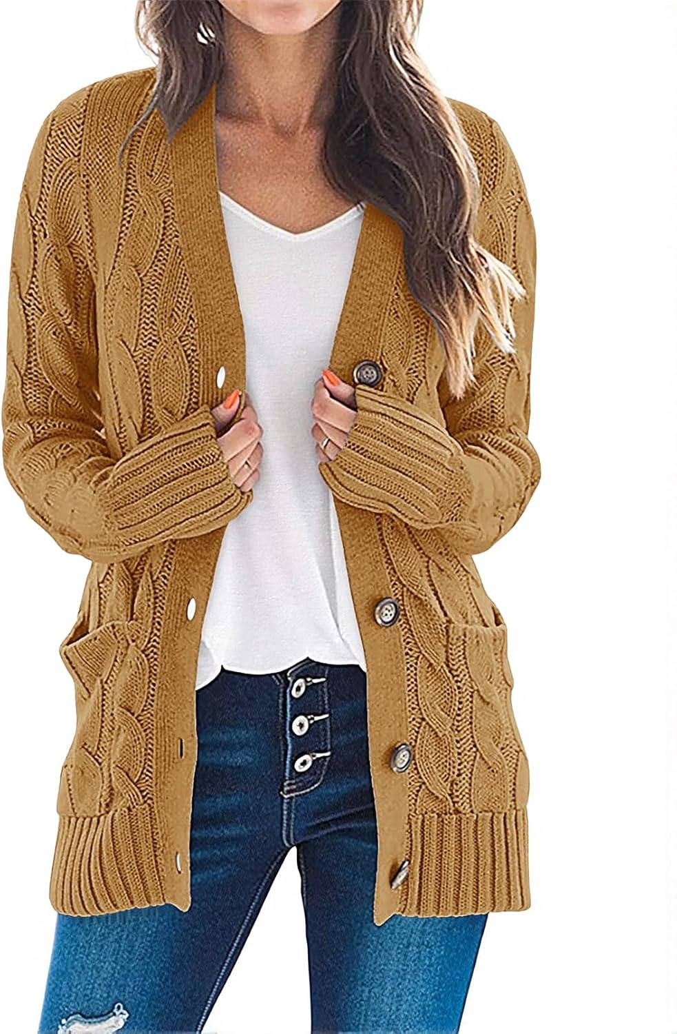 MEROKEETY Women's 2025 Fall Long Sleeve Cable Knit Sweater Open Front Cardigan Button Loose Outerwear