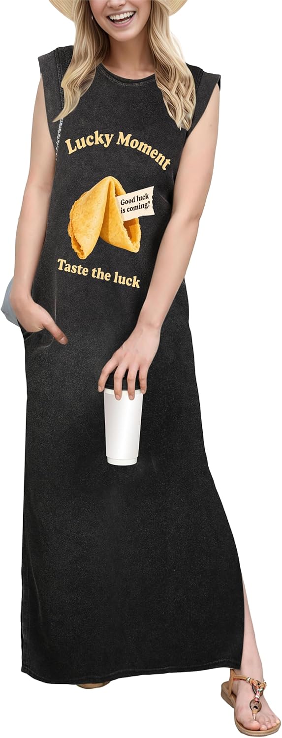 GRECERELLE 2025 Women Year-Round Casual Round Neck Loose Split Wrinkle-Free Long Maxi Vacation Dress with Pockets (XS-3XL)