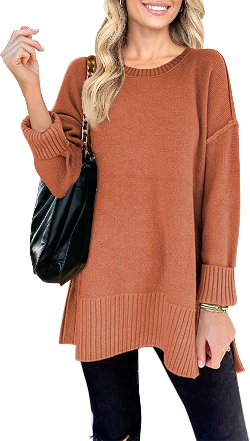 MEROKEETY Women's 2025 Fall Winter Oversized Pullover Sweater Casual Loose Crew Neck Long Sleeve Side Split Jumper Tops