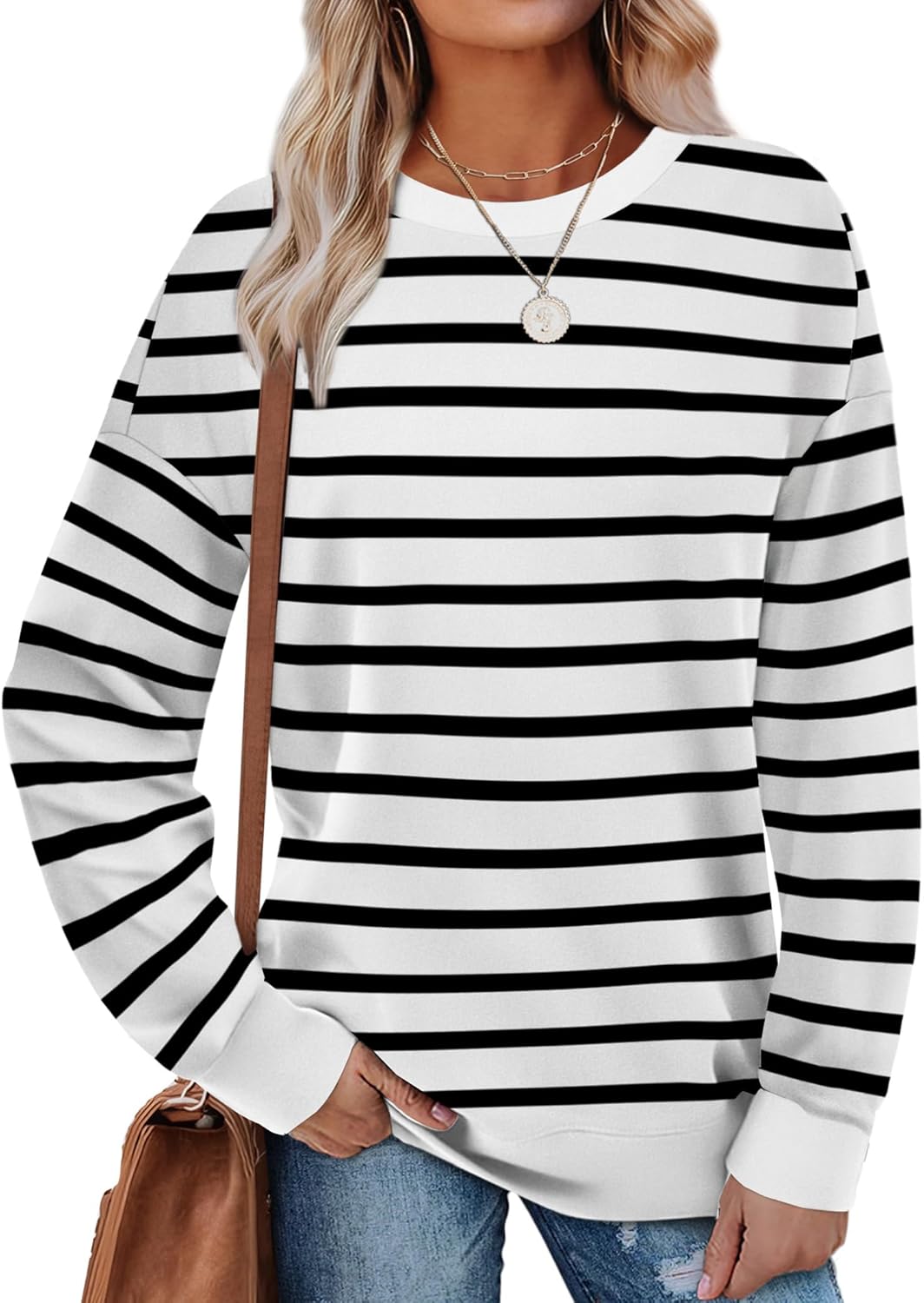 Saloogoe Sweatshirts for Women Crewneck Long Sleeve Loose Fit Tops Color Block Ribbed Trim Fashion 2025