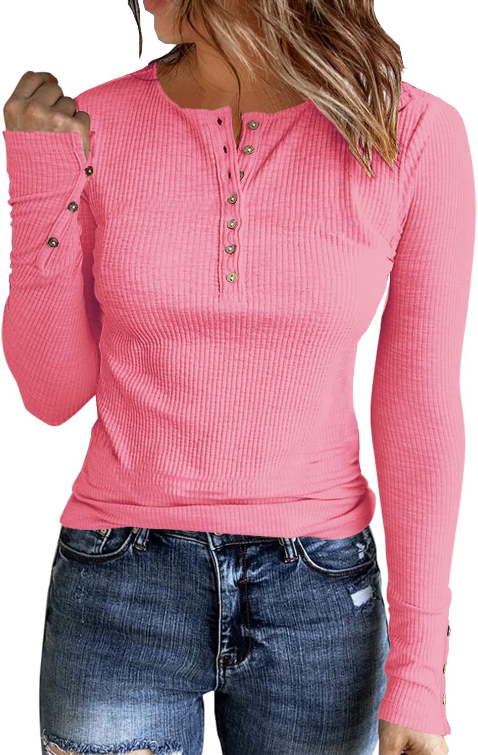 Womens Long Sleeves Ribbed Knit Tunic Shirts Scoop Neck Button Down Tops Casual Henley Tee Shirt Slim Fit Blouses