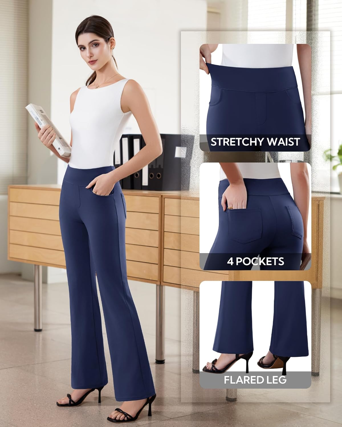 Womens Dress Pants Stretchy Work Pants Business Casual Office Trousers Pull On Flare Slacks with 4 Pockets