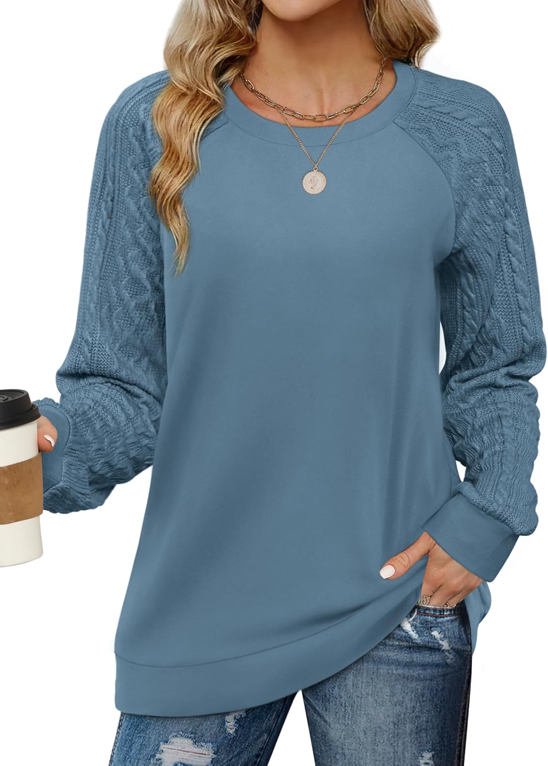 Saloogoe Sweatshirts for Women Crewneck Cable Knit Sleeve Sweaters Lightweight Fashion 2025