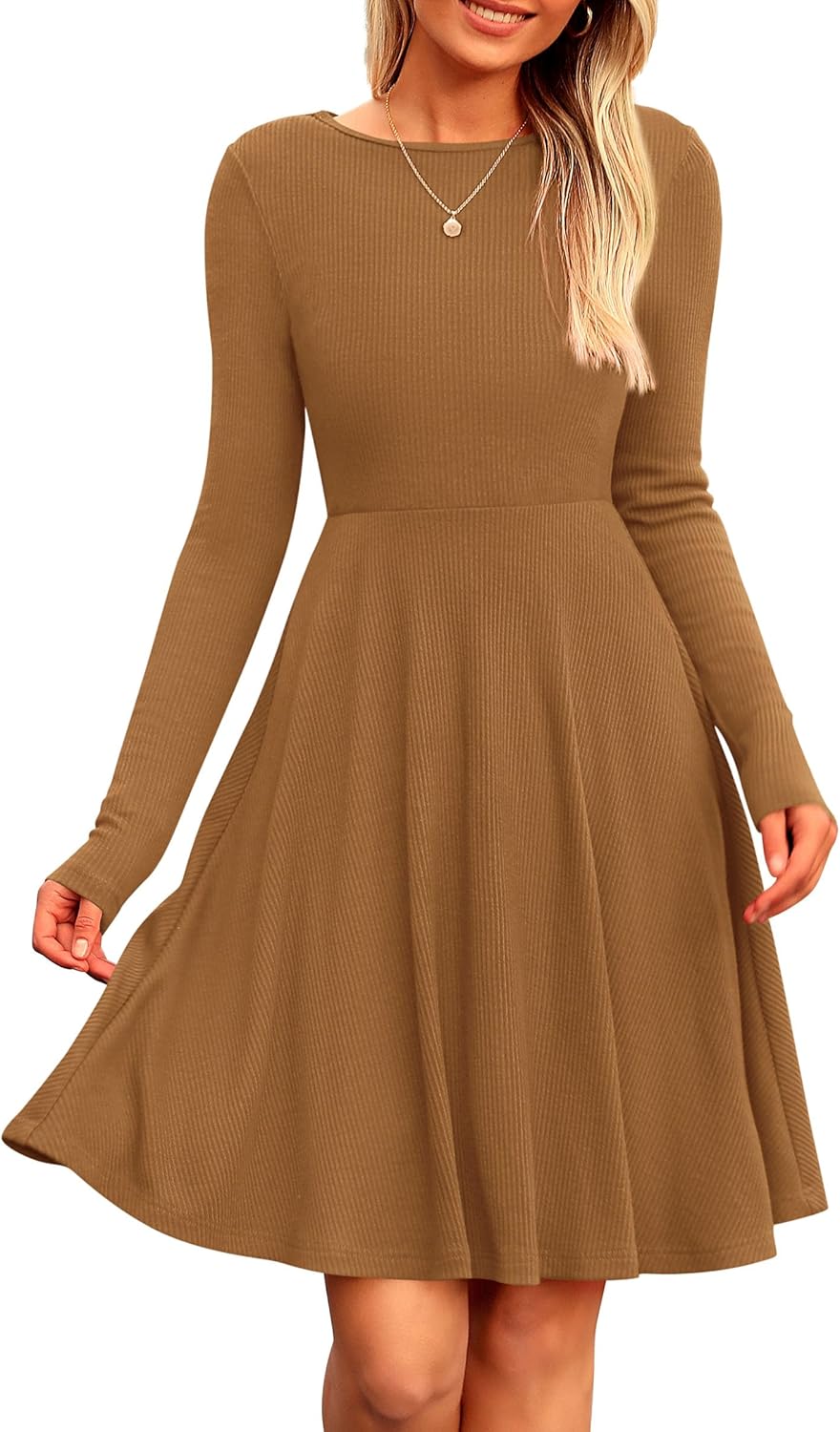 PRETTYGARDEN Women's Fall Short Dress Ribbed Knit Crewneck Long Sleeve A Line Flowy Casual Elegant Going Out Winter Dresses