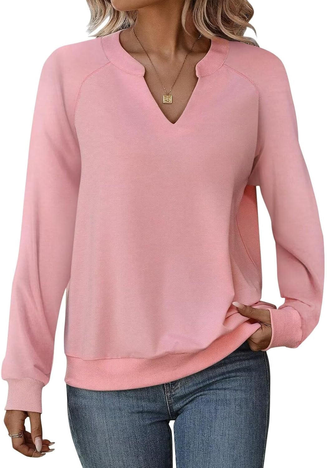 EADINVE Women Casual Long Sleeve V Neck Sweatshirts Cute Loose Fit Lightweight Pullover Tops