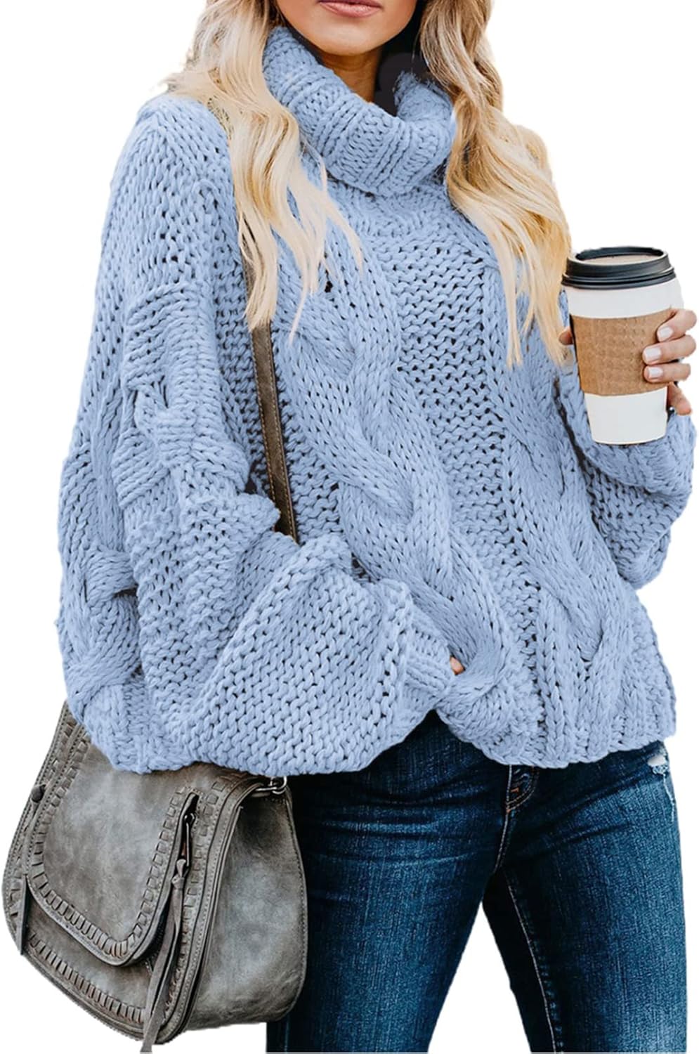 Dokotoo Womens 2025 Winter Fall Solid Turtleneck High Neck Balloon Long Sleeve Sweaters Pullover Outerwear