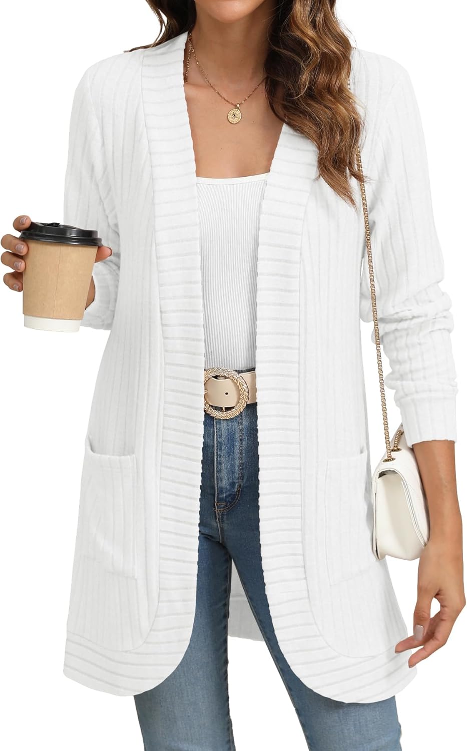 Women Long Sleeve Open Front Cardigan Casual Lightweight Long Cardigans Loose Knit Outwear with Pockets