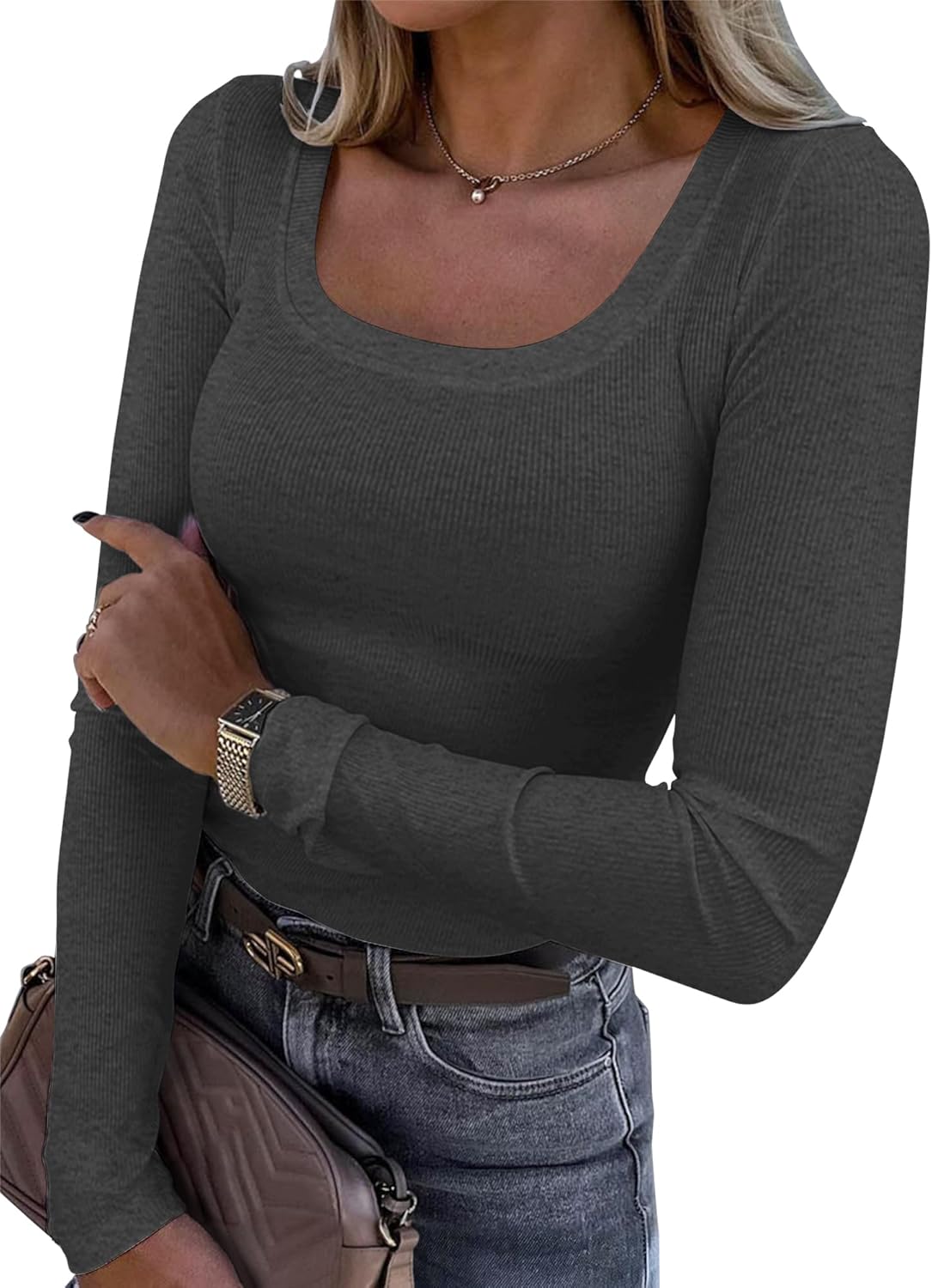 Roselux Womens Long Sleeve Scoop Neck Ribbed Knit Fitted Casual Tops Tee Slim Basic Shirts