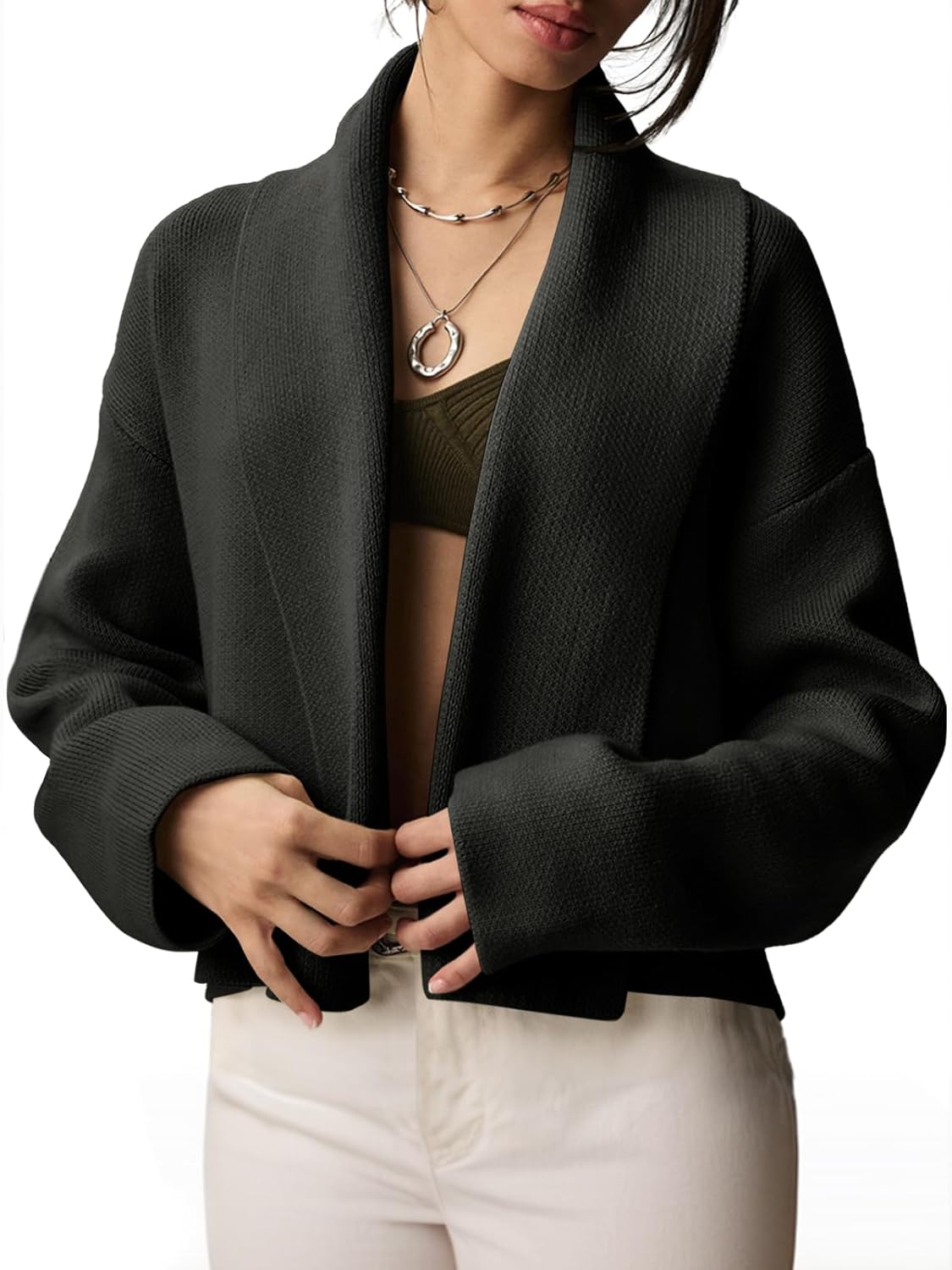 Saodimallsu Womens Cropped Cardigan Open Front Shawl 2025 Fall Trendy Long Sleeve Sweater Jacket