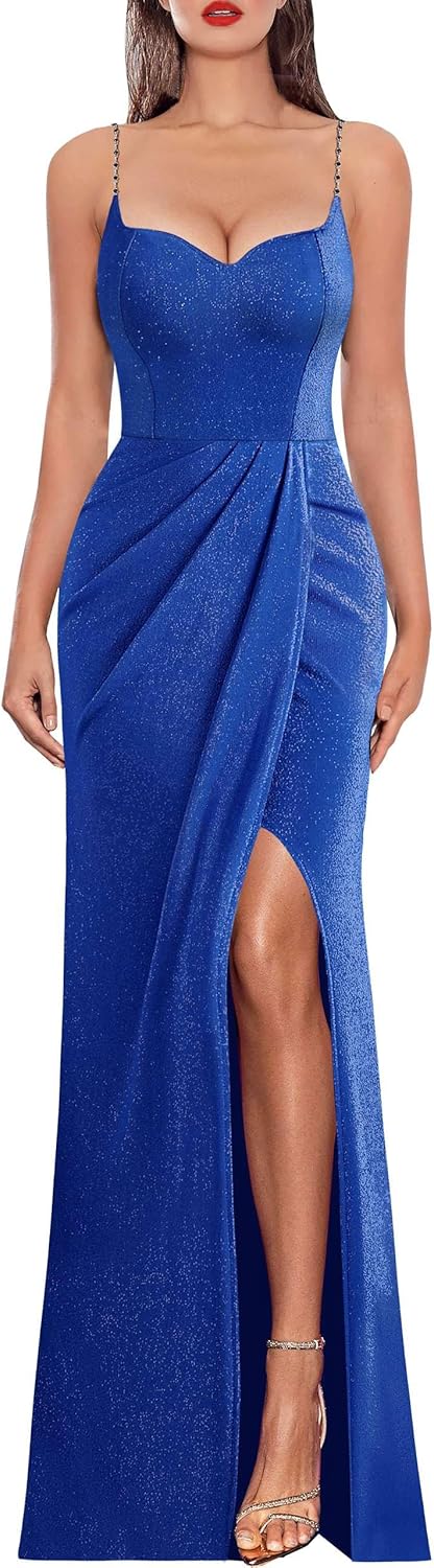 VFSHOW Womens Sexy Formal Ruched Fitted High Slit Bodycon Maxi Dress Spaghetti Strap Sweetheart Cocktail Prom Evening Gown