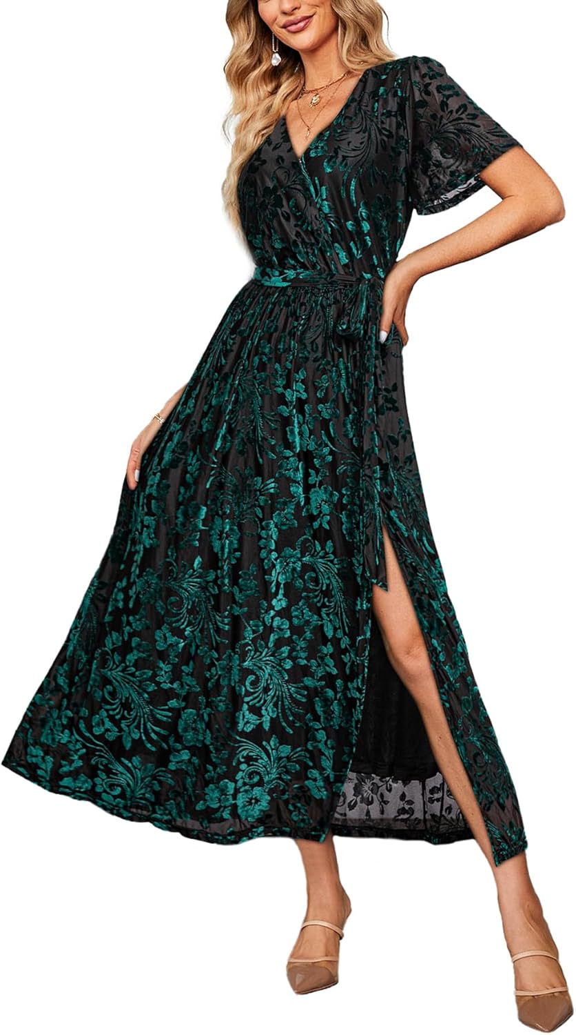 BerryGo Women's Velvet V Neck Wrap Semi Formal Dress Cocktail Party Maxi Dress for Wedding Guest