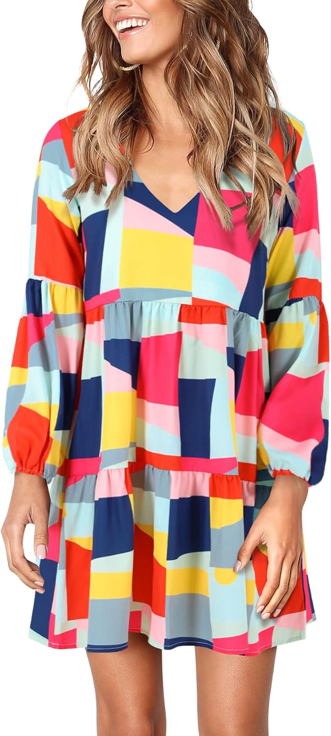 Amoretu Womens Tunic Dress Long Sleeve V Neck Casual Loose Flowy Swing Shift Dresses