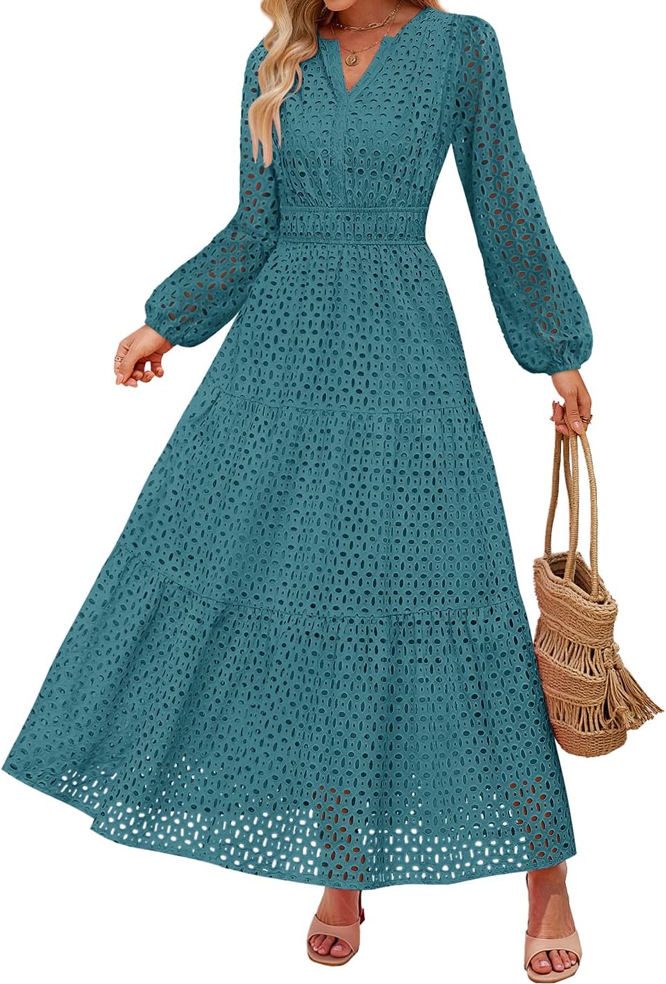 ZESICA Women's 2025 Fall Long Sleeve Maxi Dress V Neck Hollow Out Eyelet A Line Long Flowy Casual Party Dresses