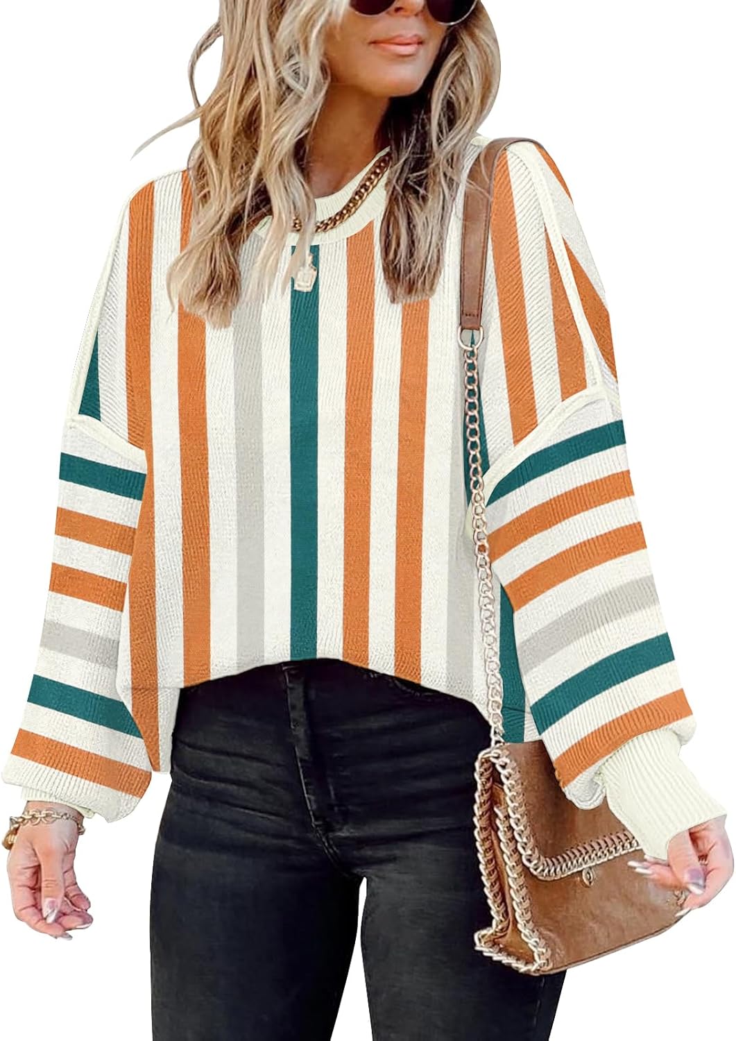 ETCYY Womens Oversized Sweaters Fall 2025 Fashion Clothes Trendy Batwing Sleeve Colorblock Striped Knit Pullover Tops