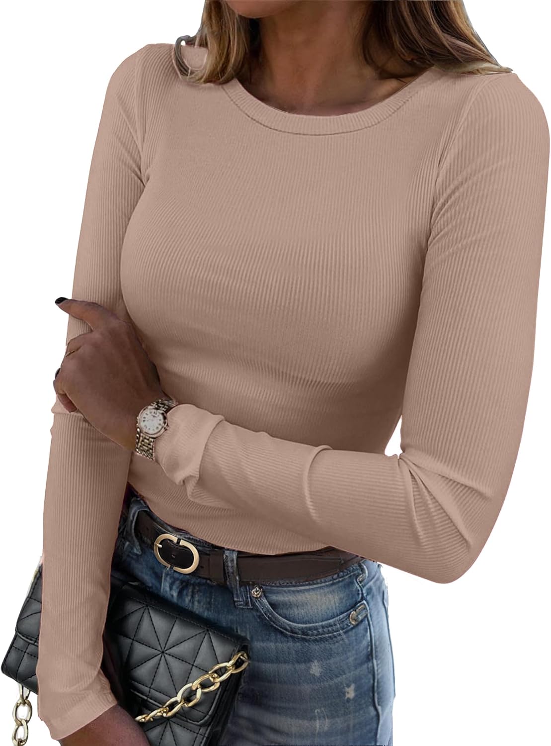 Zeagoo Womens Long Sleeve Stretch Crewneck Ribbed T-Shirt Slim Fit Casual Basic Tops S-XXL