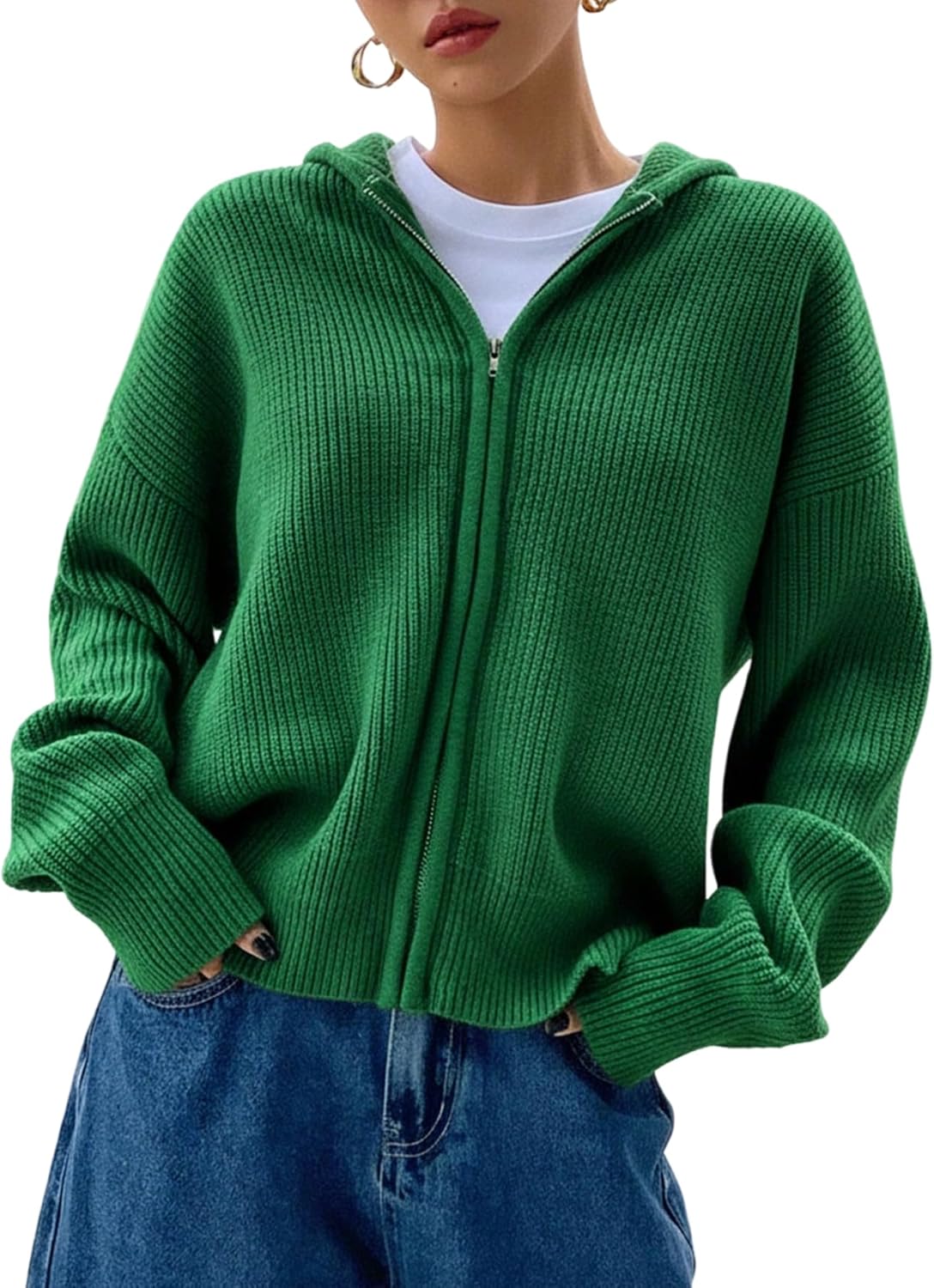 SOLY HUX Zip Up Cardigan for Women Hooded Cardigan Sweater Knitted Drop Shoulder Fall Clothes Winter Hoodies Outerwear