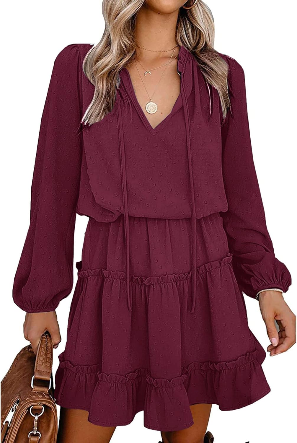 BTFBM Long Sleeve Fall Dresses for Women 2025 Summer Casual Tie Neck Ruffle Tiered A Line Wedding Guest Short Mini Dress