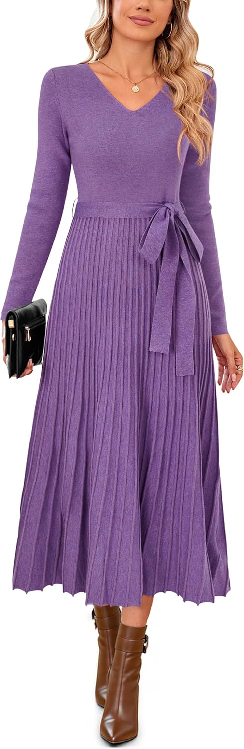 Arach&Cloz Women's Wool Blend Tie Waist Pleated Fall Sweater Dress 2025