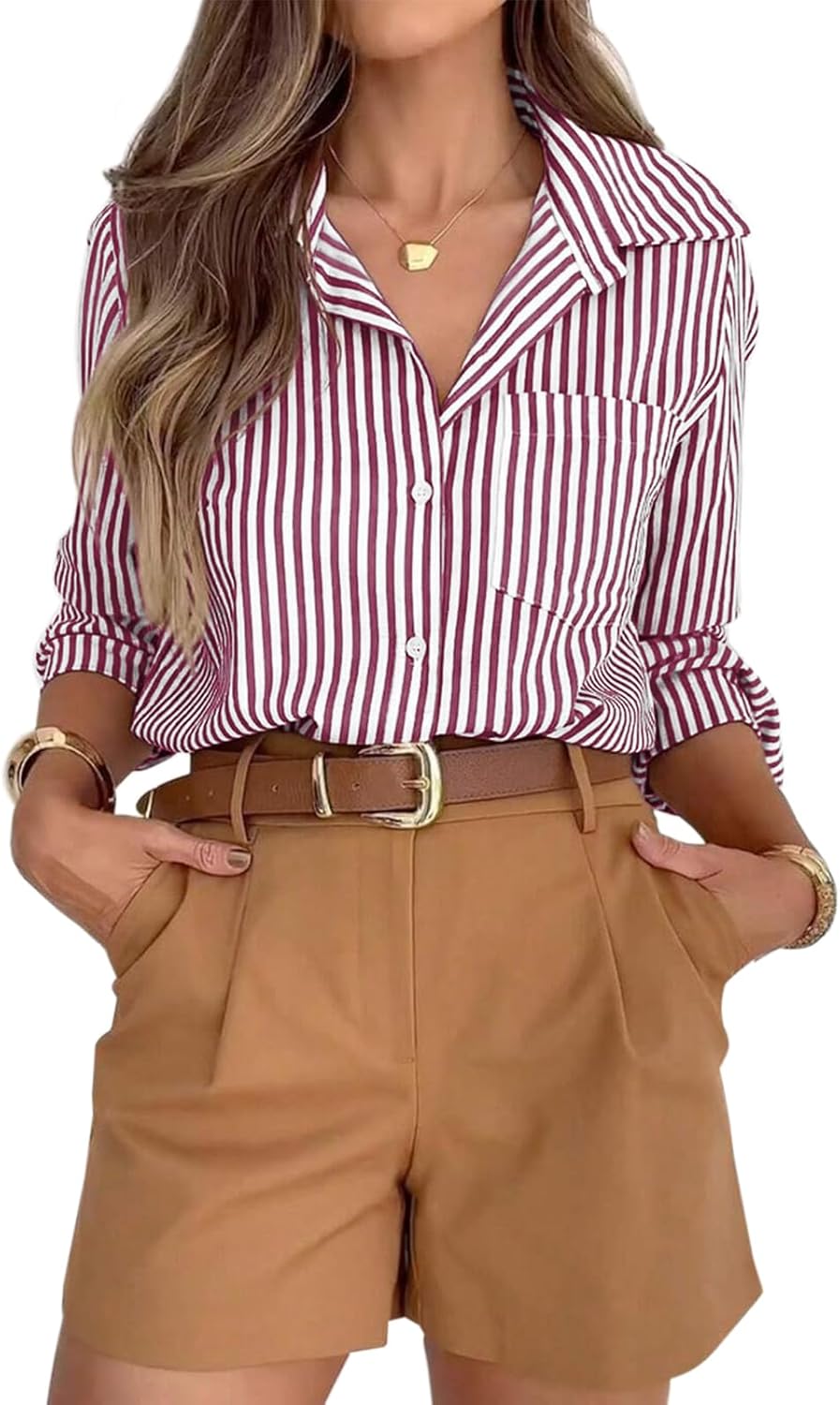 siliteelon Striped Button Down Shirts for Women Dress Shirts Long Sleeve Casual Collared Office Work Shirt with Pocket