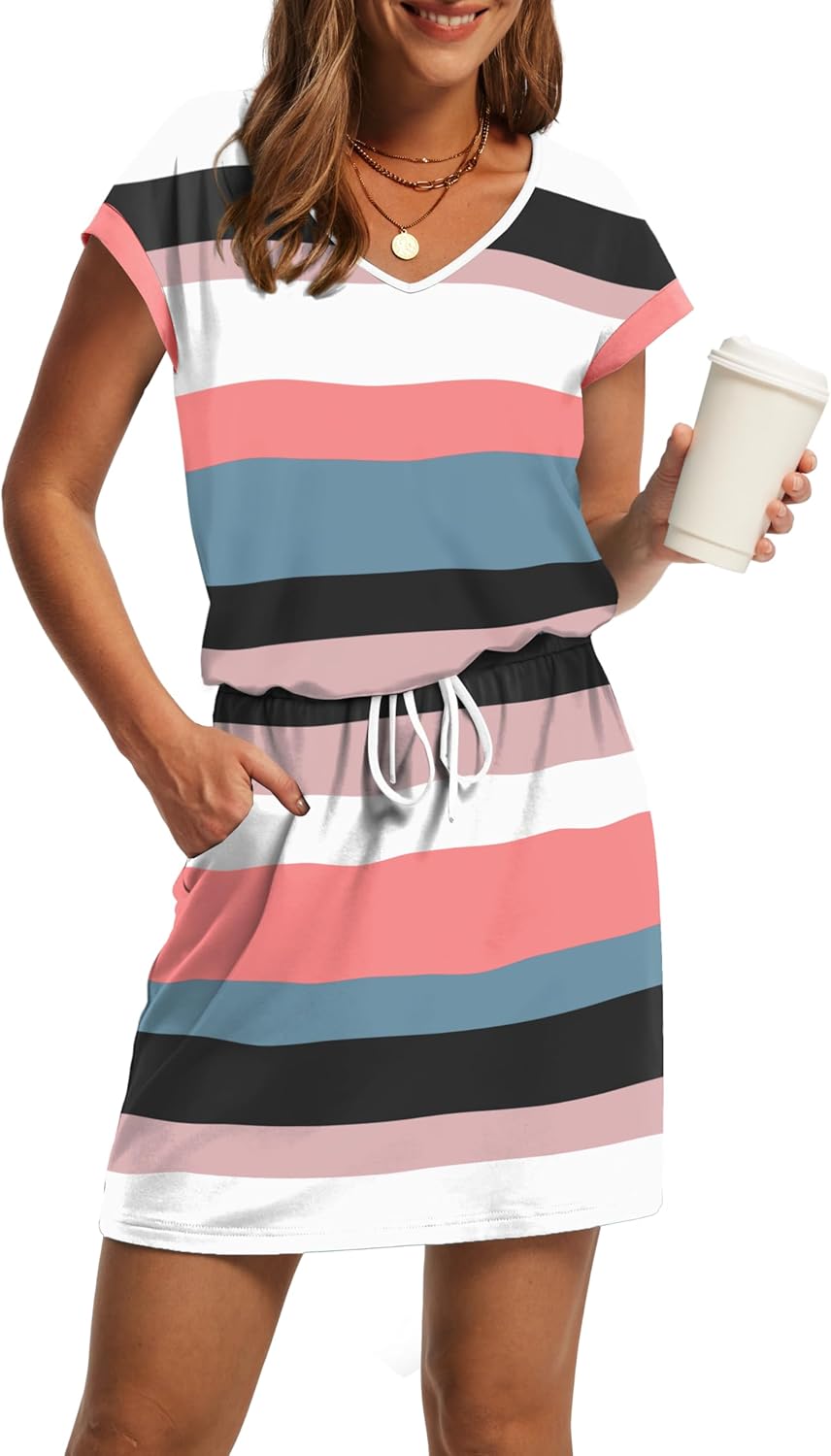 OFEEFAN Summer Dresses for Women 2025 V Neck T Shirt Casual Mini Dresses Tie Waist Sundresses with Pockets