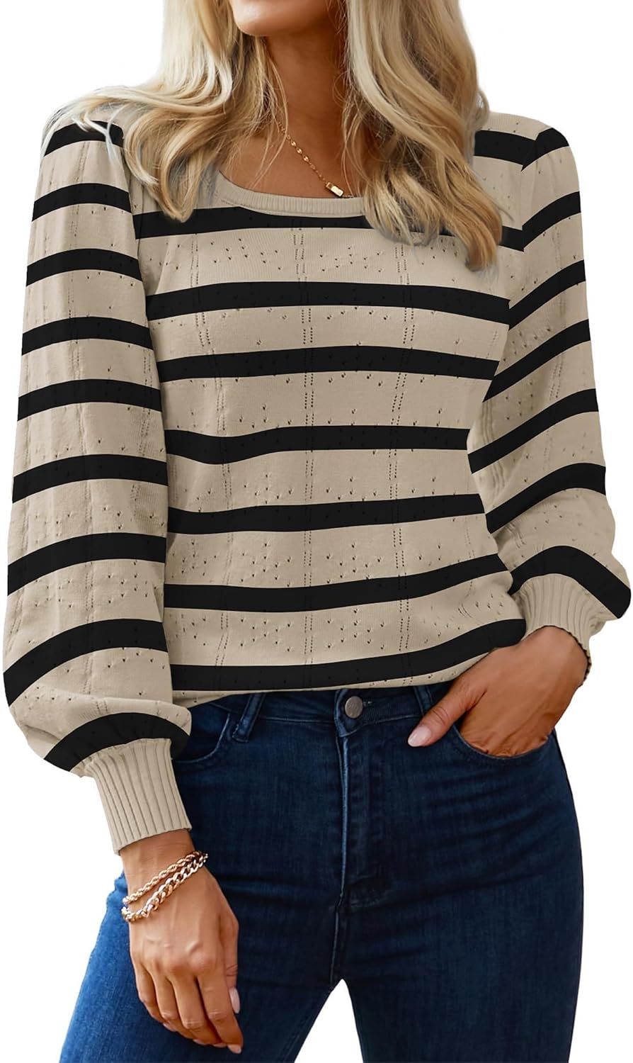 HOTOUCH Sweaters for Women 2025 Fall Trendy Tops Casual Puff Sleeve Square Neck Cute Tunic Pullover Blouses XS-XXL