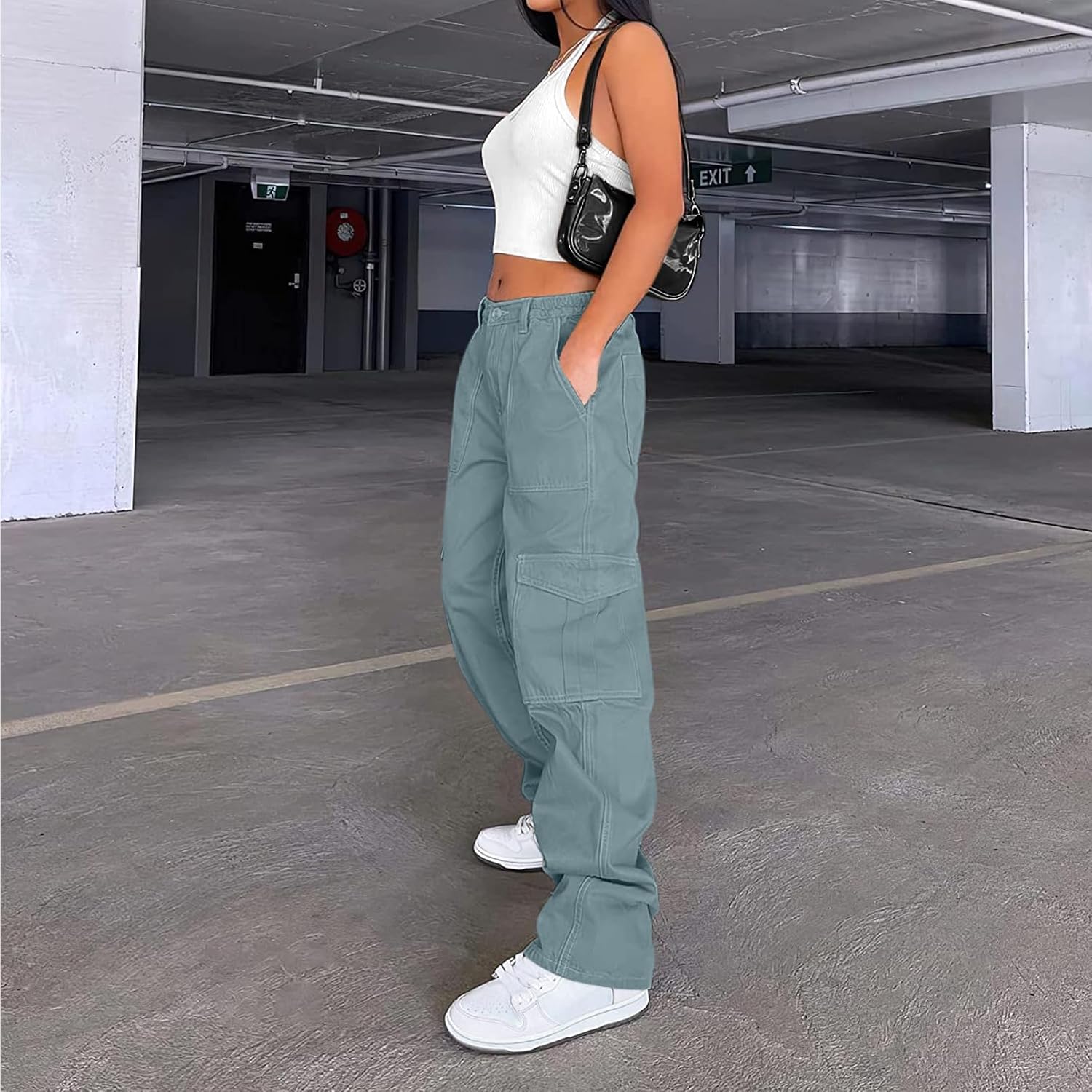 Lepunuo Cargo Pants for Women High Waisted Casual Pants Baggy Stretchy Wide Leg Y2K Streetwear with 6 Pockets