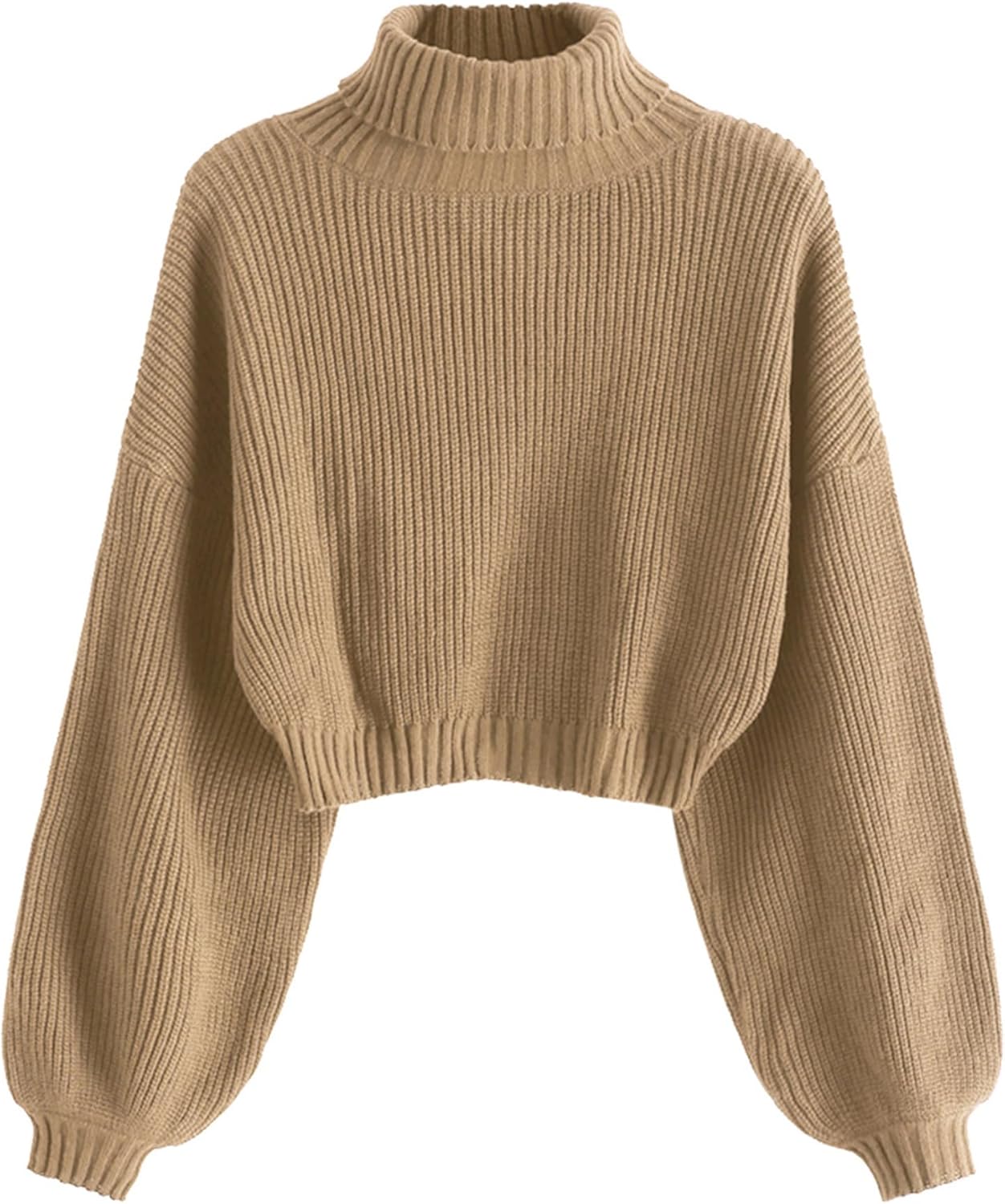 ZAFUL Women's Cropped Turtleneck Sweater Lantern Sleeve Ribbed Knit Pullover Sweater Jumper