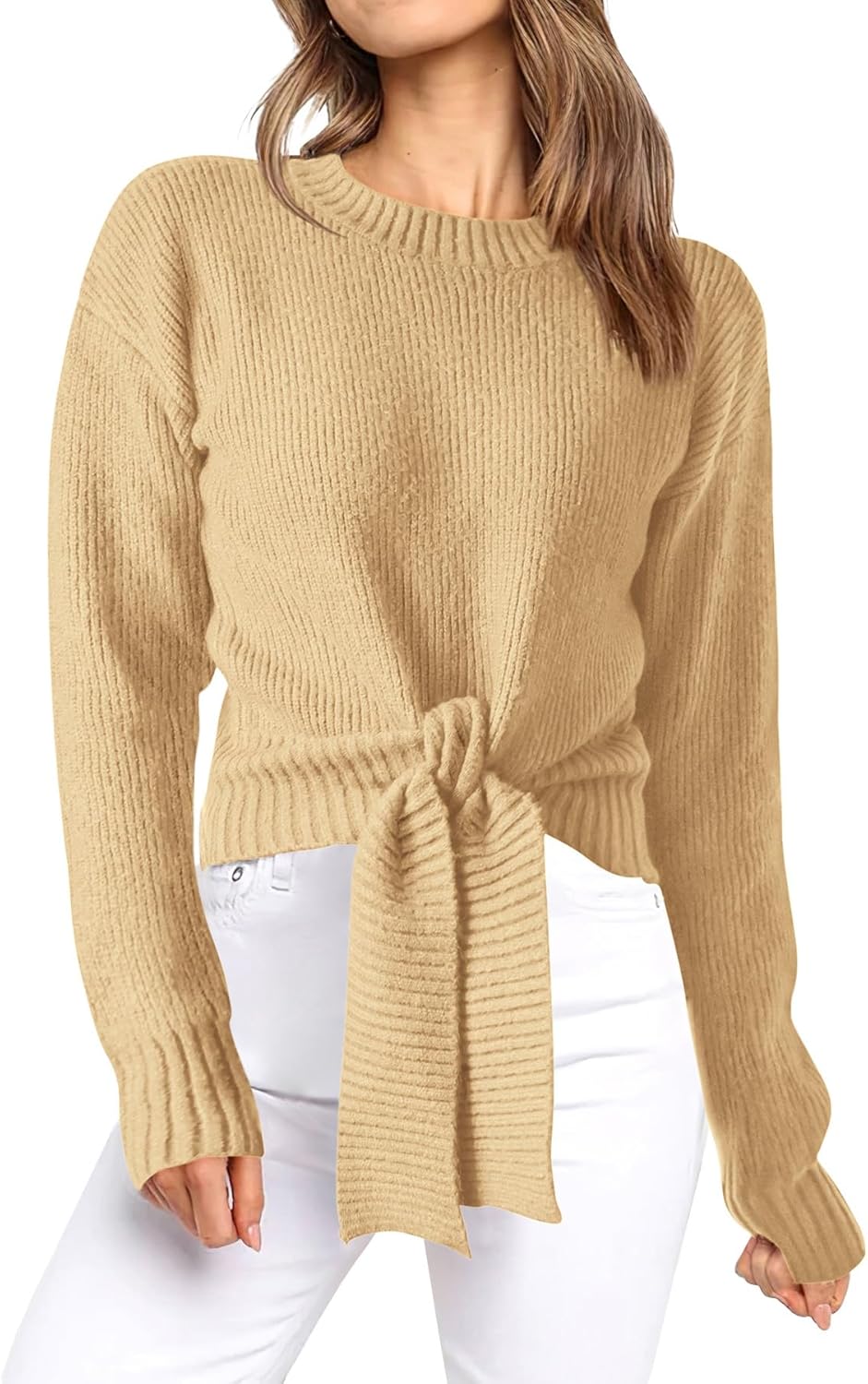 Okiwam Women's Long Sleeve Cropped Sweaters Casual Knit Pullover Tie Front Crew Neck Fall Outfits Fashion Clothes 2025