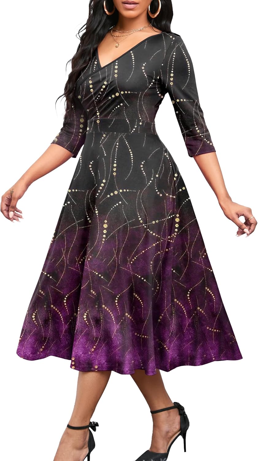 Nmoder Women's Casual Wrap Flared Midi Dress Wedding Guest Cocktail Tea Dresses A-Line Swing V-Neck 3/4 Sleeve