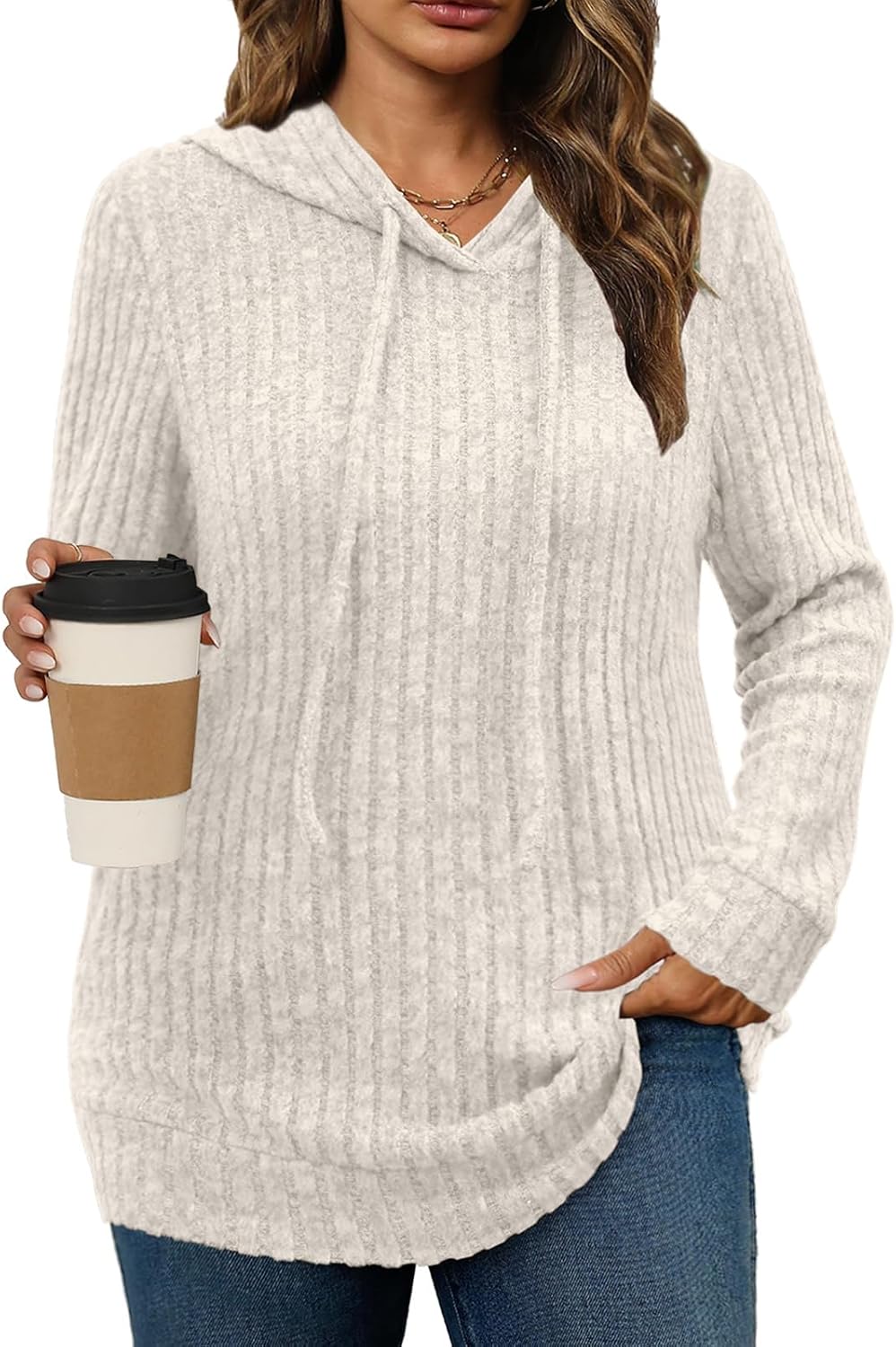 Womens Plus Size Lightweight Ribbed Knit Hoodie Sweaters Casual Long Sleeve Pullover Tops for Fall Winter L-4XL