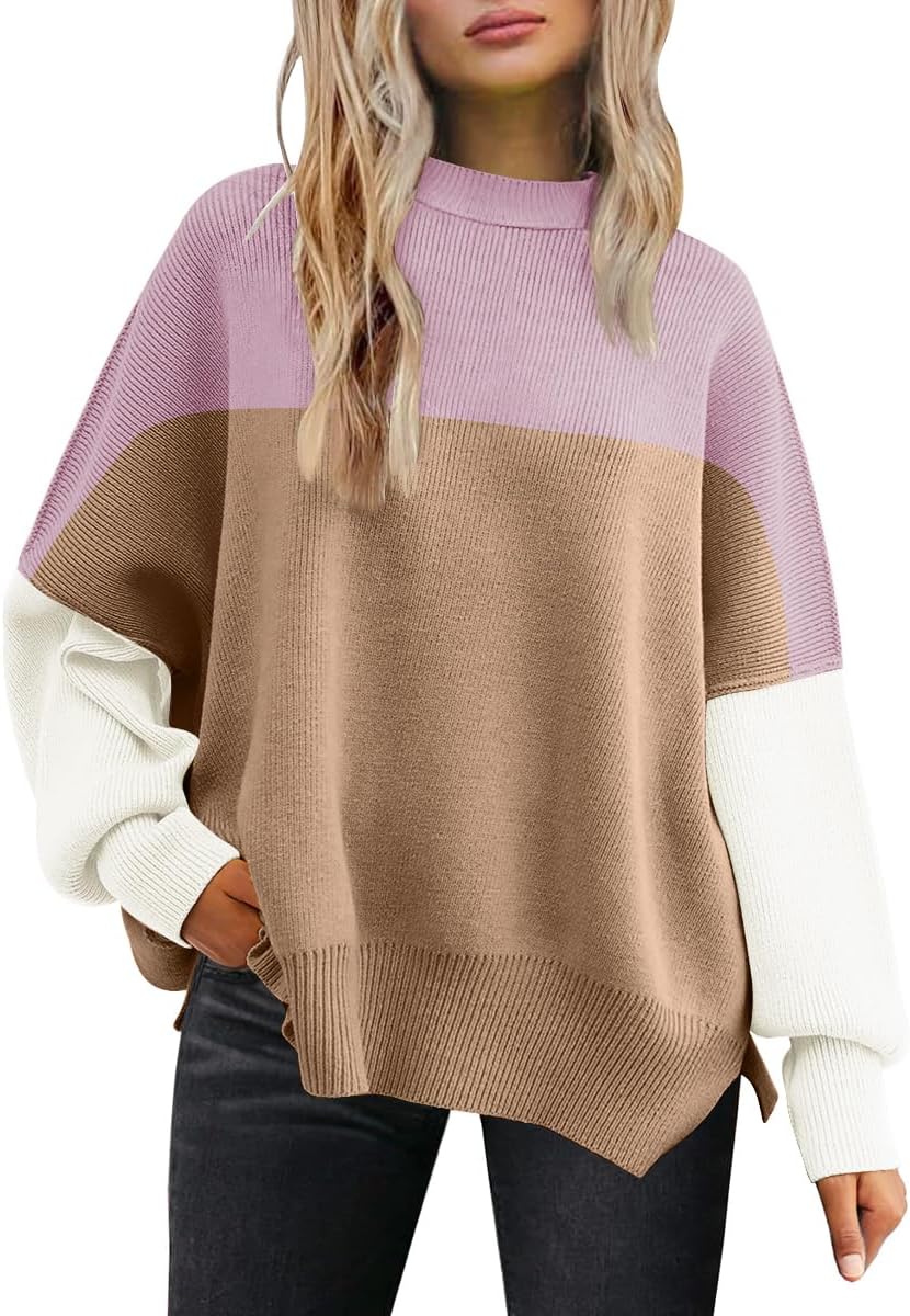 LILLUSORY Women's Oversized Batwing Sweaters 2025 Fall Outfits Trendy Crewneck Knit Side Slit Fashion Pullover Tops