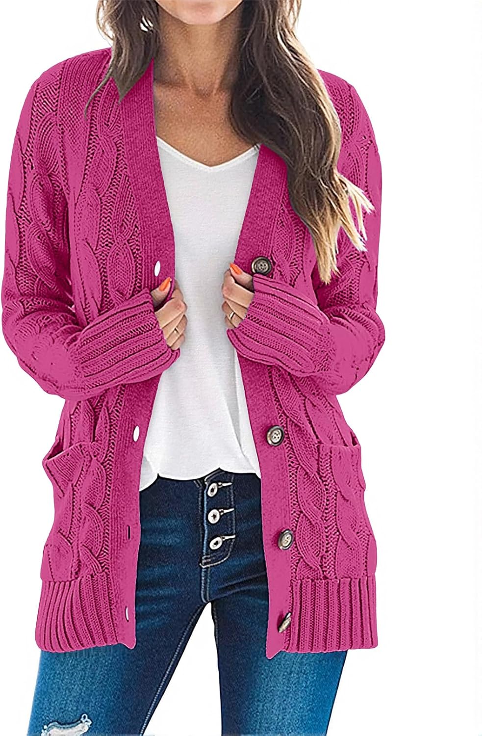 MEROKEETY Women's 2025 Fall Long Sleeve Cable Knit Sweater Open Front Cardigan Button Loose Outerwear