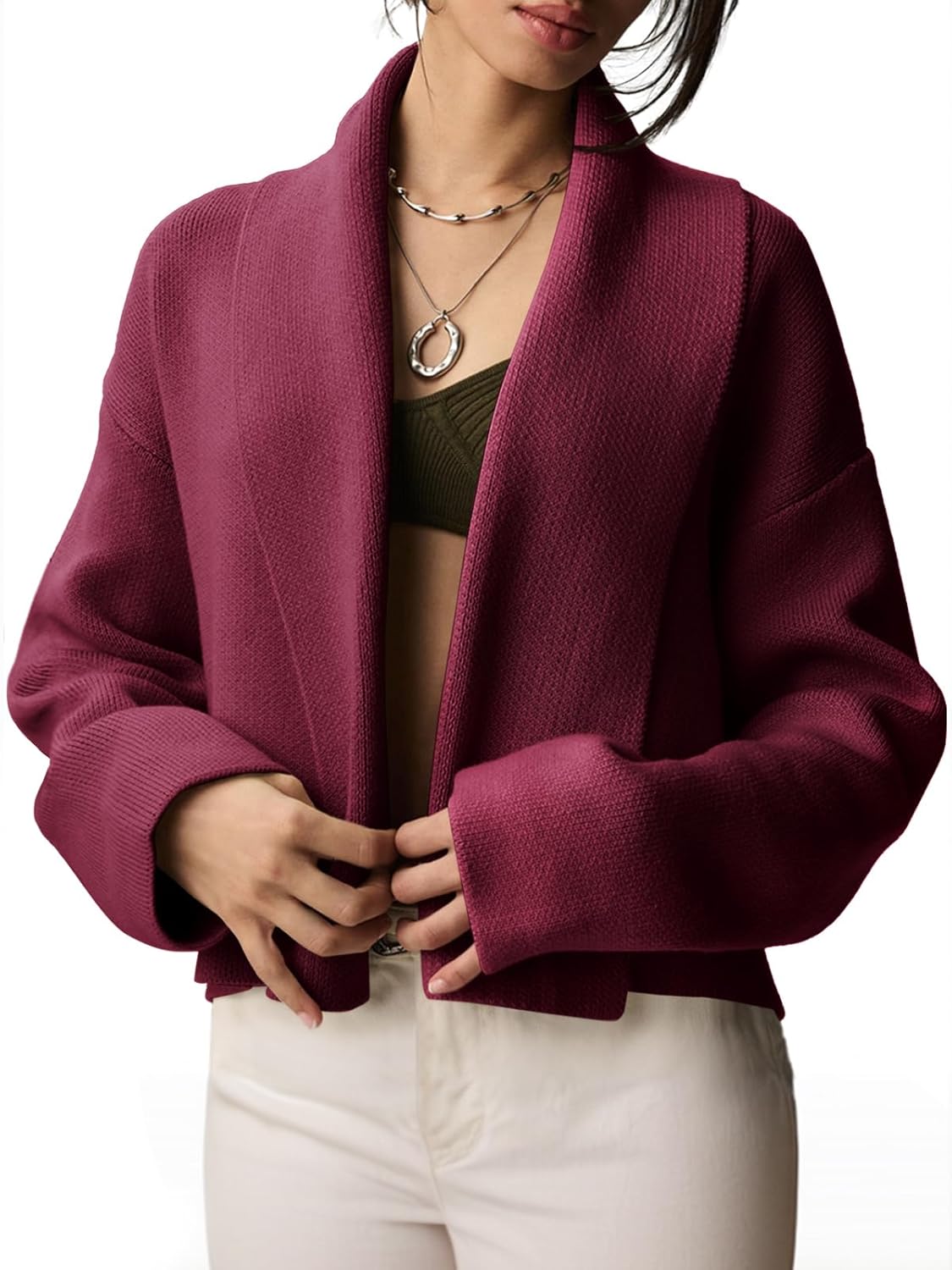 Saodimallsu Womens Cropped Cardigan Open Front Shawl 2025 Fall Trendy Long Sleeve Sweater Jacket