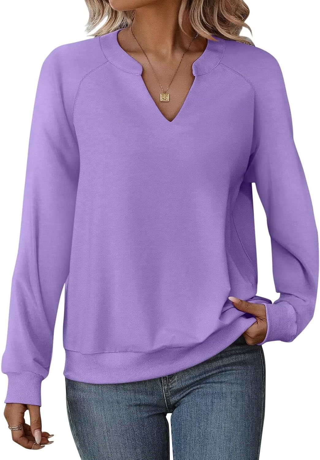 EADINVE Women Casual Long Sleeve V Neck Sweatshirts Cute Loose Fit Lightweight Pullover Tops