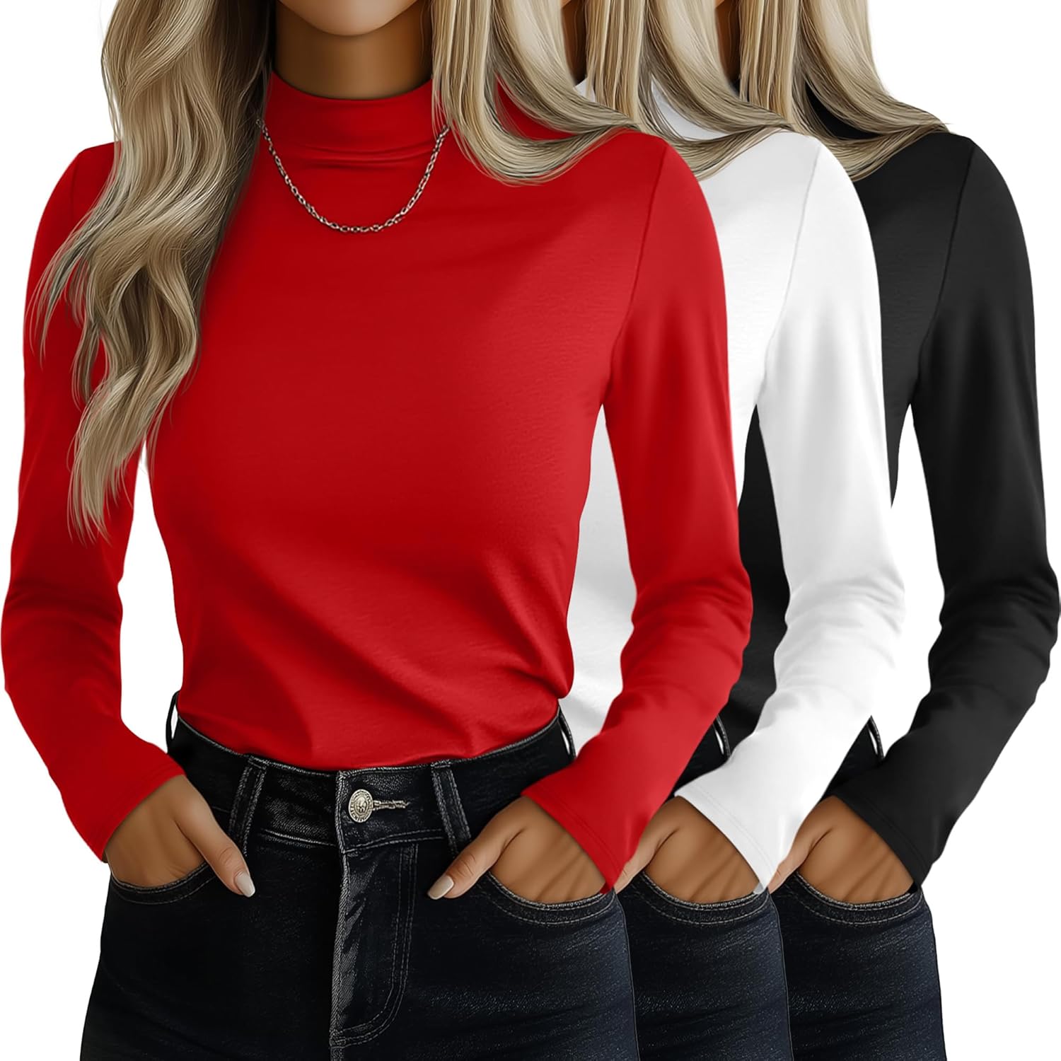 Ficerd 3 Pack Women's Mock Turtleneck Shirts, Long Sleeve Mock Neck Pullover Tops Slim Fitted Stretch Undershirt Tee Blouse