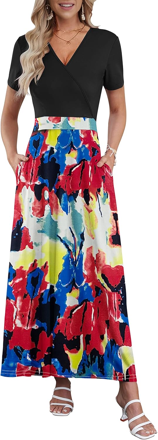 AUSELILY Maxi Dresses for Women Ankle Length Floral Print Beach Long Flowy Dress with Pockets