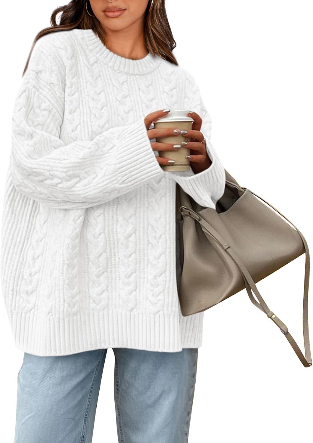 Okiwam Women's Oversized Sweaters Crewneck Cable Knit Pullover Casual Loose Fall Outfits Fashion Clothes 2025