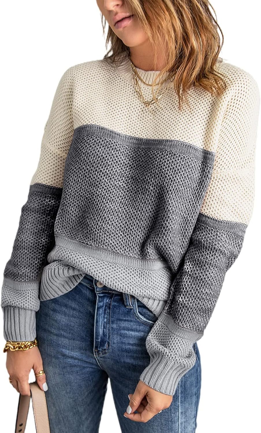 Dokotoo Womens Color Block Sweaters Long Sleeve Crewneck Pullover Knit Jumper Tops