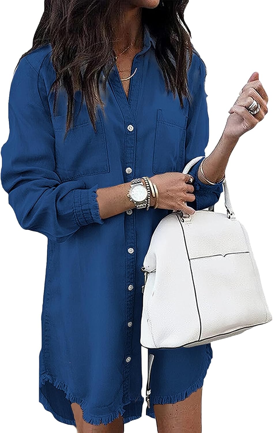 Zilcremo Women Denim Shirt Dresses Long Sleeve Distressed Jean Dress Button Down Casual Tunic Top