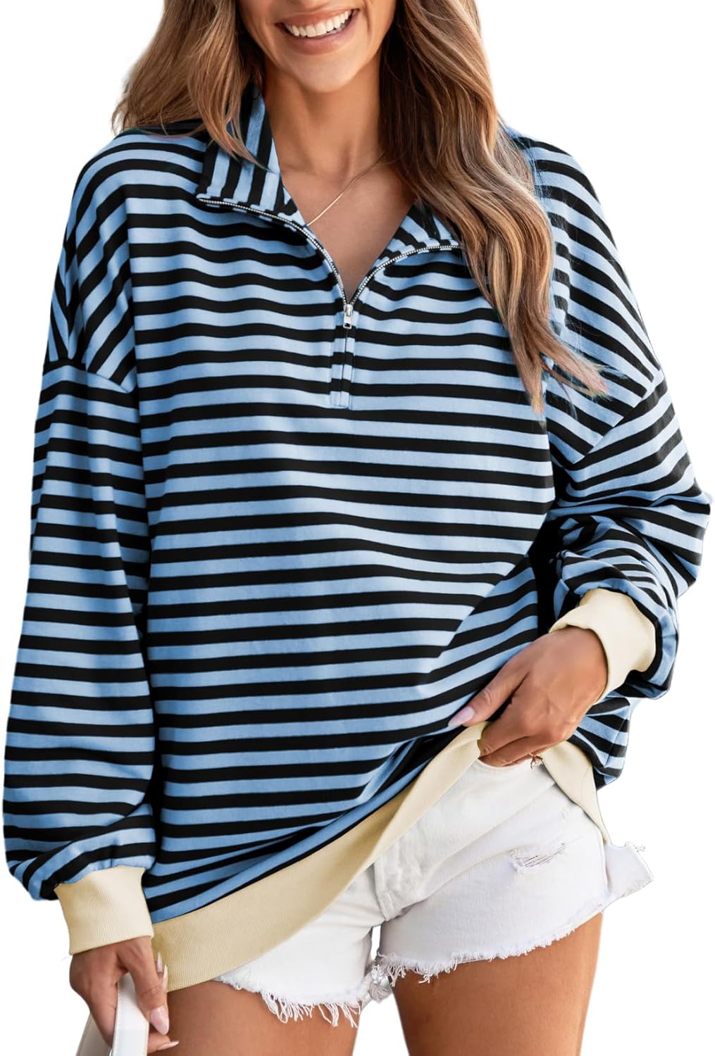 EVALESS Oversized Sweatshirt for Women 2024 Fall Outfits Fashion Long Sleeve Shirts Striped Quarter Zip Pullover Tops
