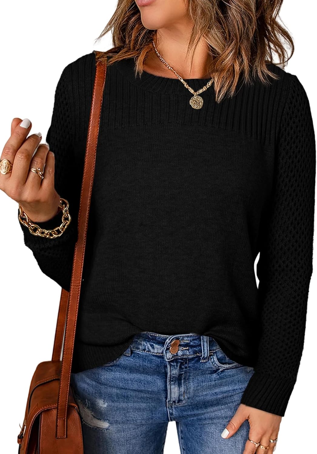 EVALESS Womens Sweaters Casual Long Sleeve Crewneck Cable Knit Lightweight Oversized Crochet Sweater Pullover Tops