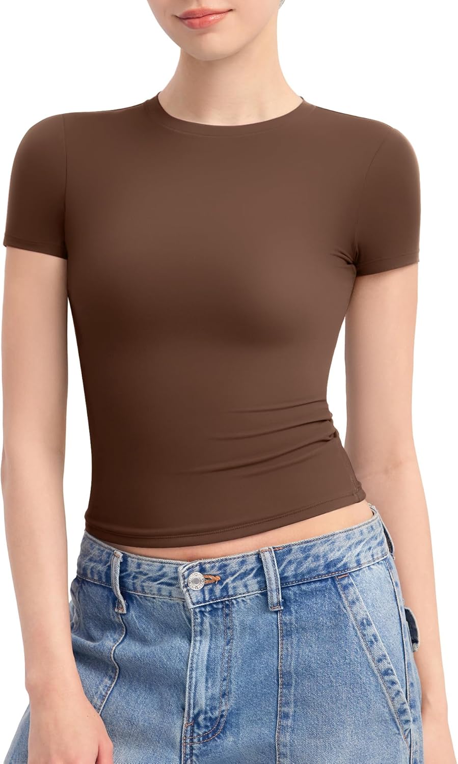 PUMIEY Women's Crew Neck Short Sleeve Tops Double Lined Slim Fit T Shirts Basic Tee Smoke Cloud Pro Collection